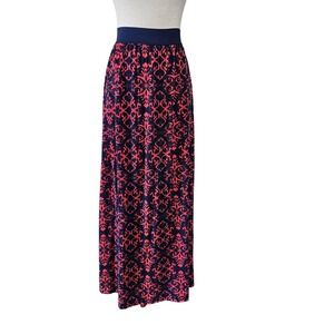 Small‎ Maxi Skirt Coral Navy Blue Pattern Bohemian Comfortable Stretch Waist